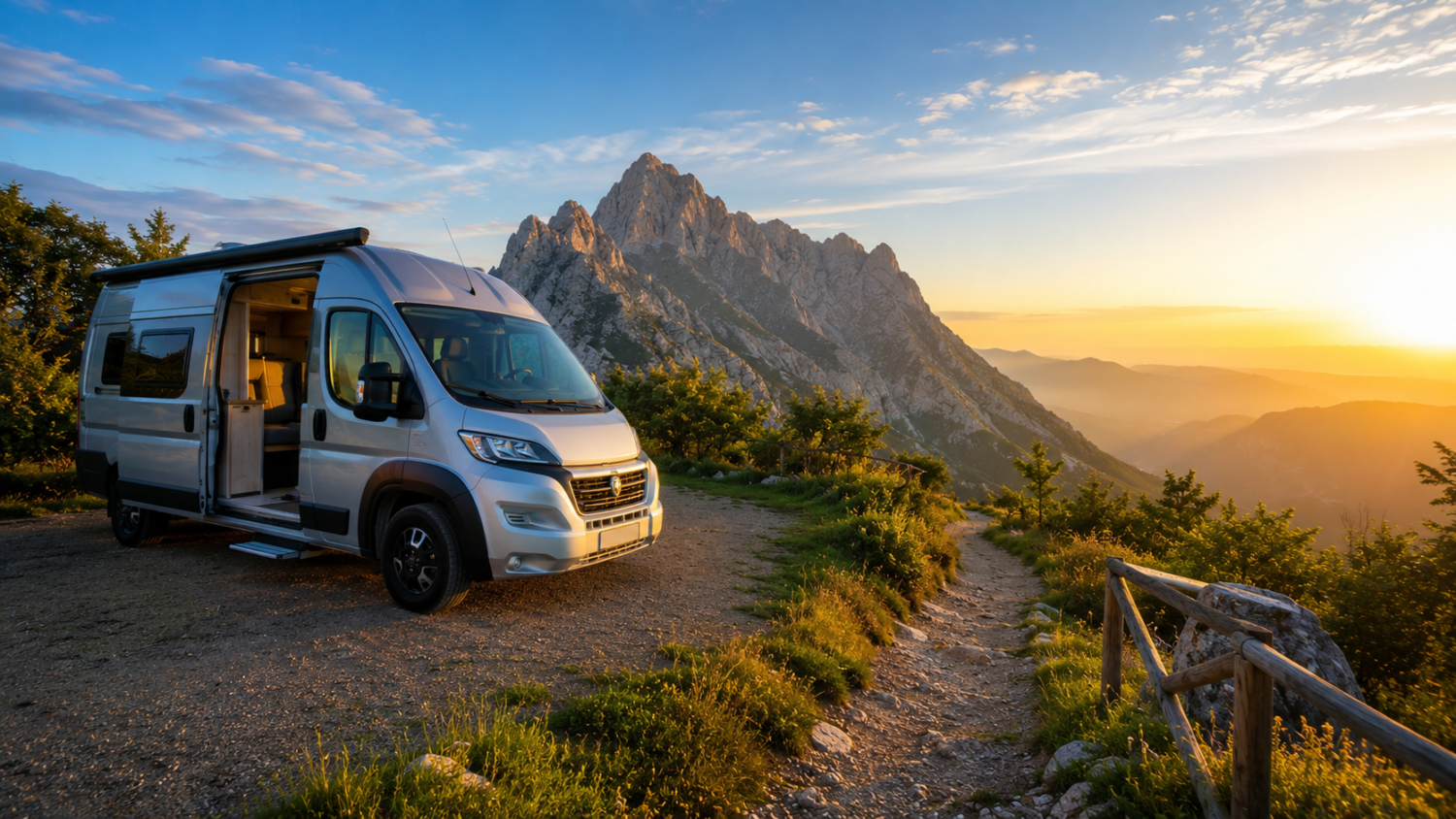 Camper aparcada junto al inicio de una de las mejores rutas de senderismo en Cantabria, con los Picos de Europa al amanecer.