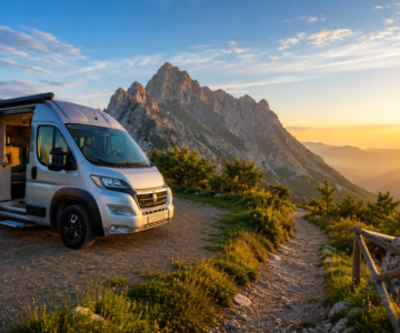 Camper aparcada junto al inicio de una de las mejores rutas de senderismo en Cantabria, con los Picos de Europa al amanecer.